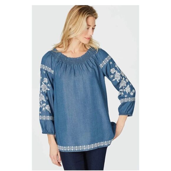 J Jill Denim Tencel Peasant Top - Picture 1 of 7